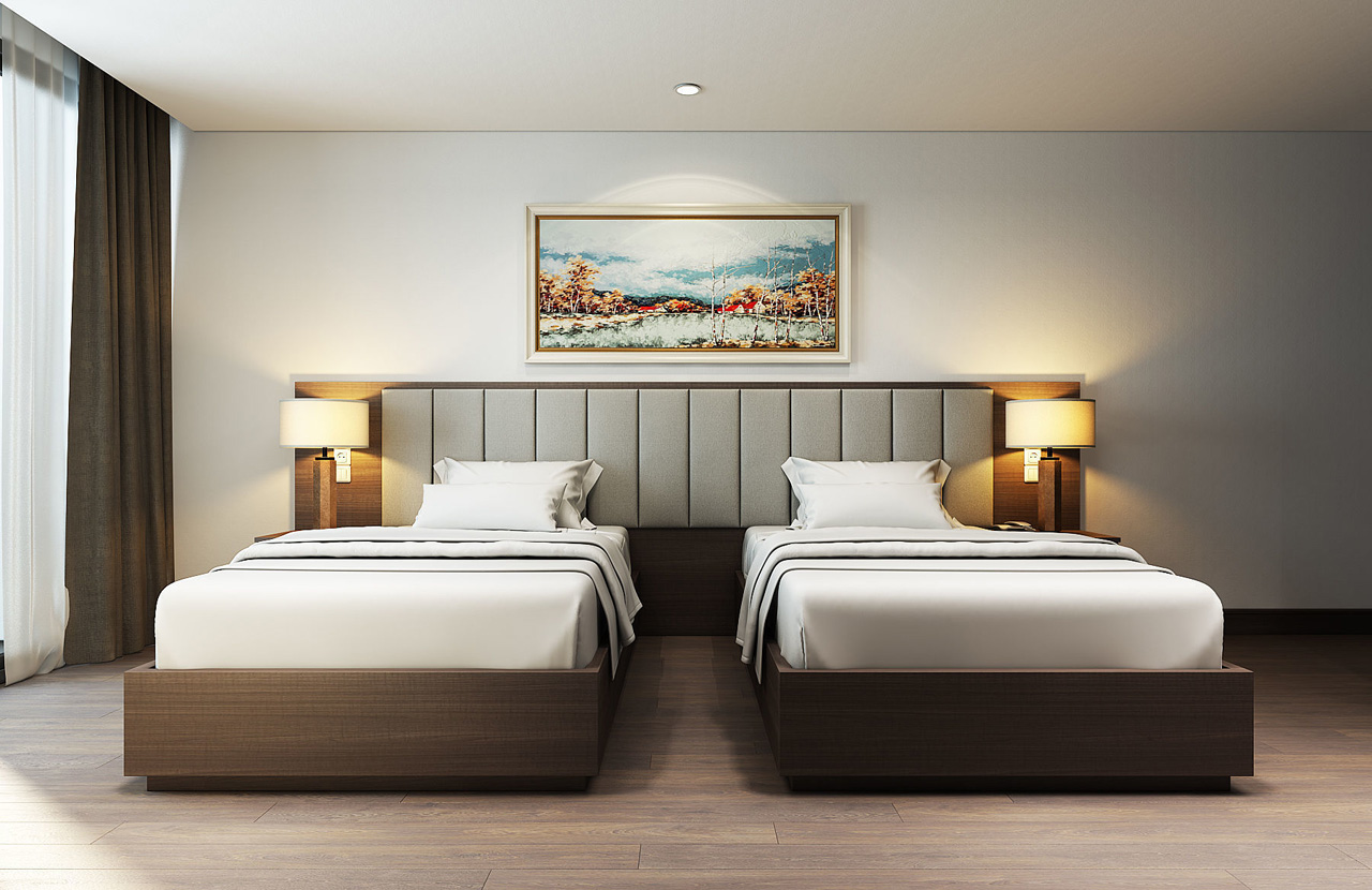 Mẫu nội thất phòng có hai giường đơn bên trong khách sạn 3-4-5 sao