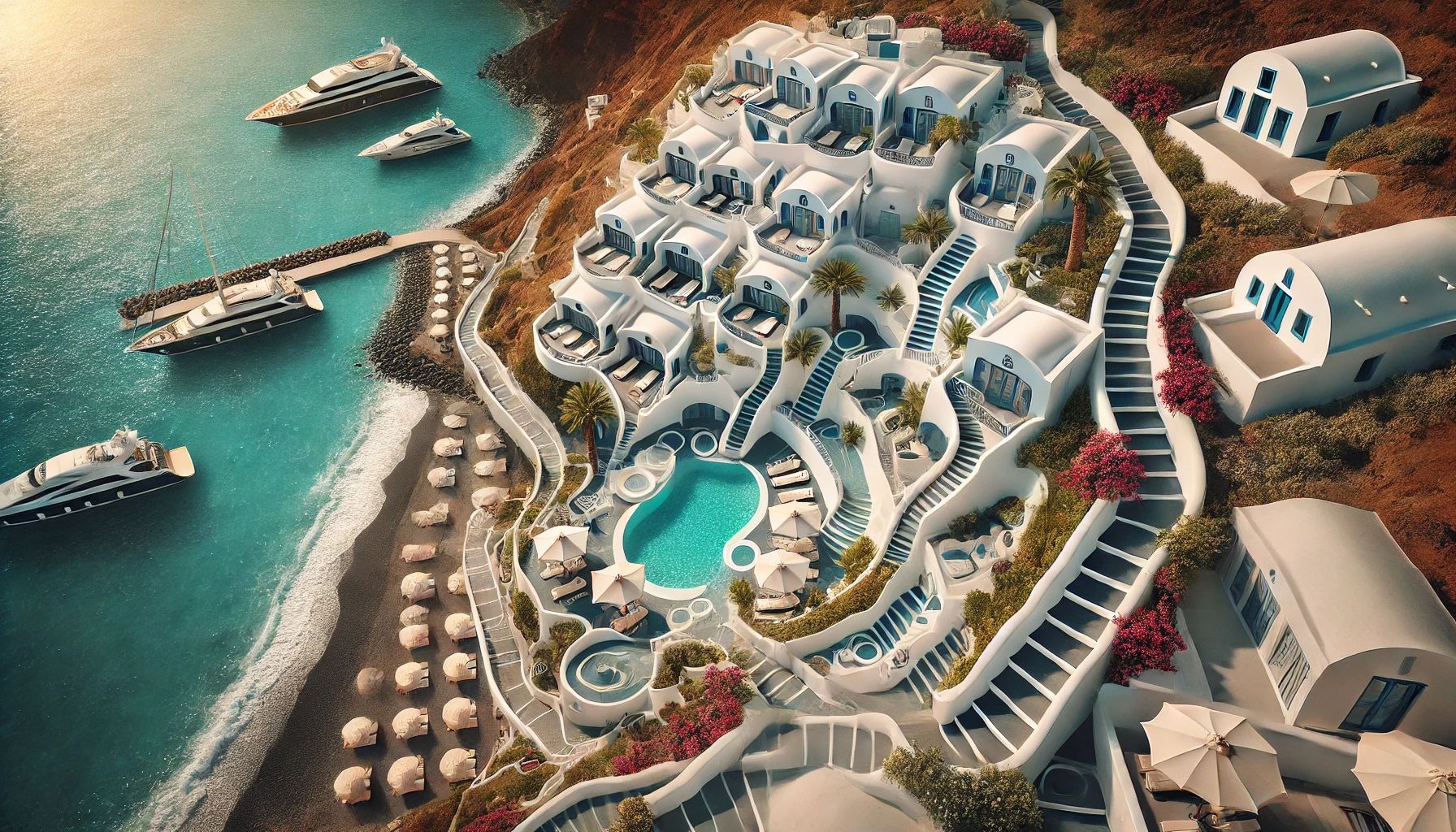 Quy hoạch khu nghỉ dưỡng ven biển phong cách kiến trúc Santorini: Sắc trắng xanh độc đáo bên bờ biển